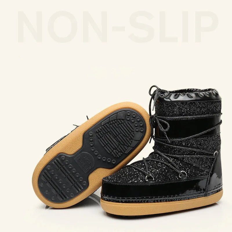 Winter Women Snow Boots Parent-Kid Waterproof Platform Non-slip Boots Children Boys Girls Lace-up Glitter Cotton Ski Boots