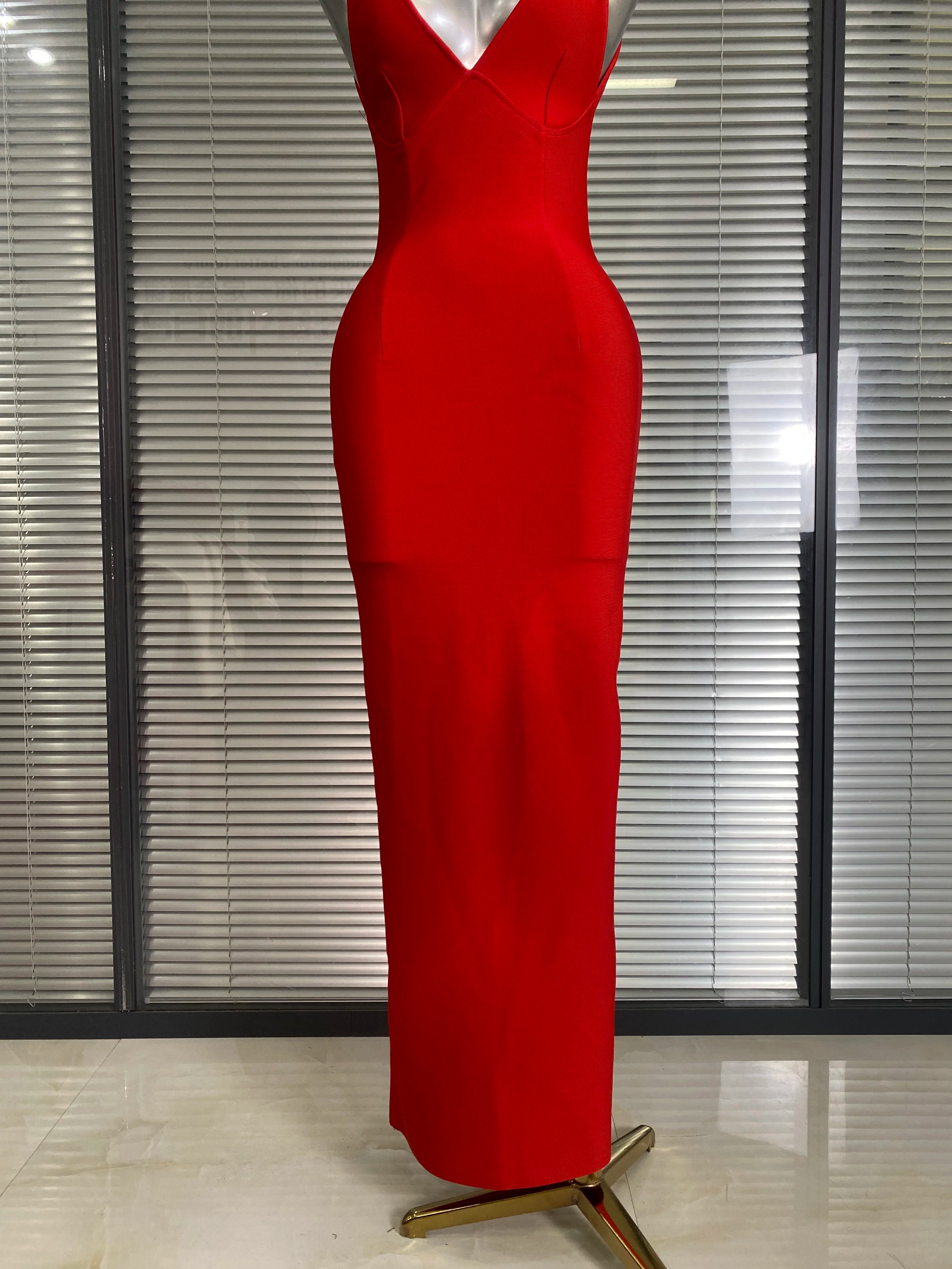 Brand New 2025 Sexy Women Deep V Neck Backless Red Bandage Dress Celebrity Knitted Elegant Bodycon Party Maxi Dress