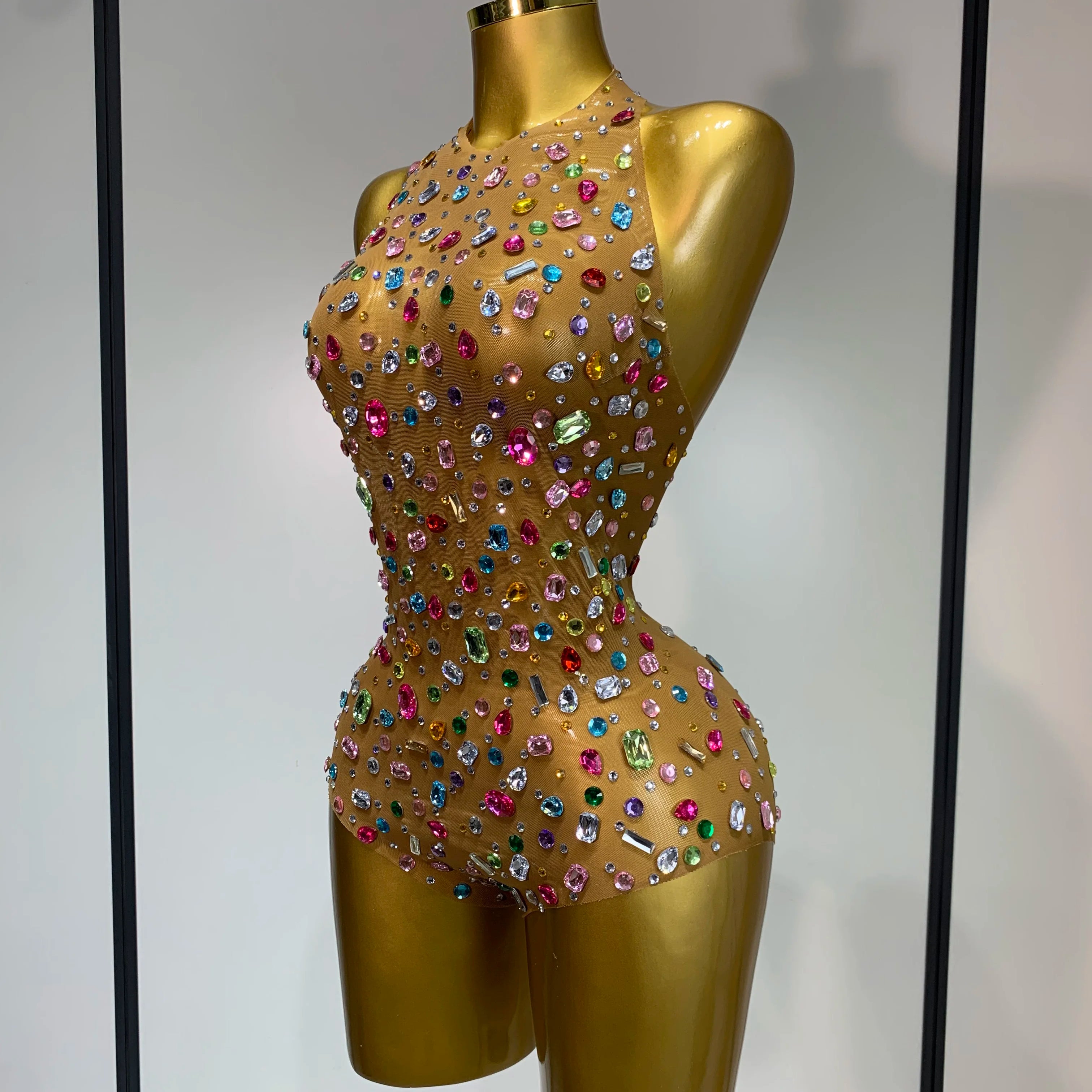 Sparkly Rhinestones Mesh See Through Bodysuit Women Sexy Backless Performance Dance Costume Celebrity Nightclub Stage Outfit