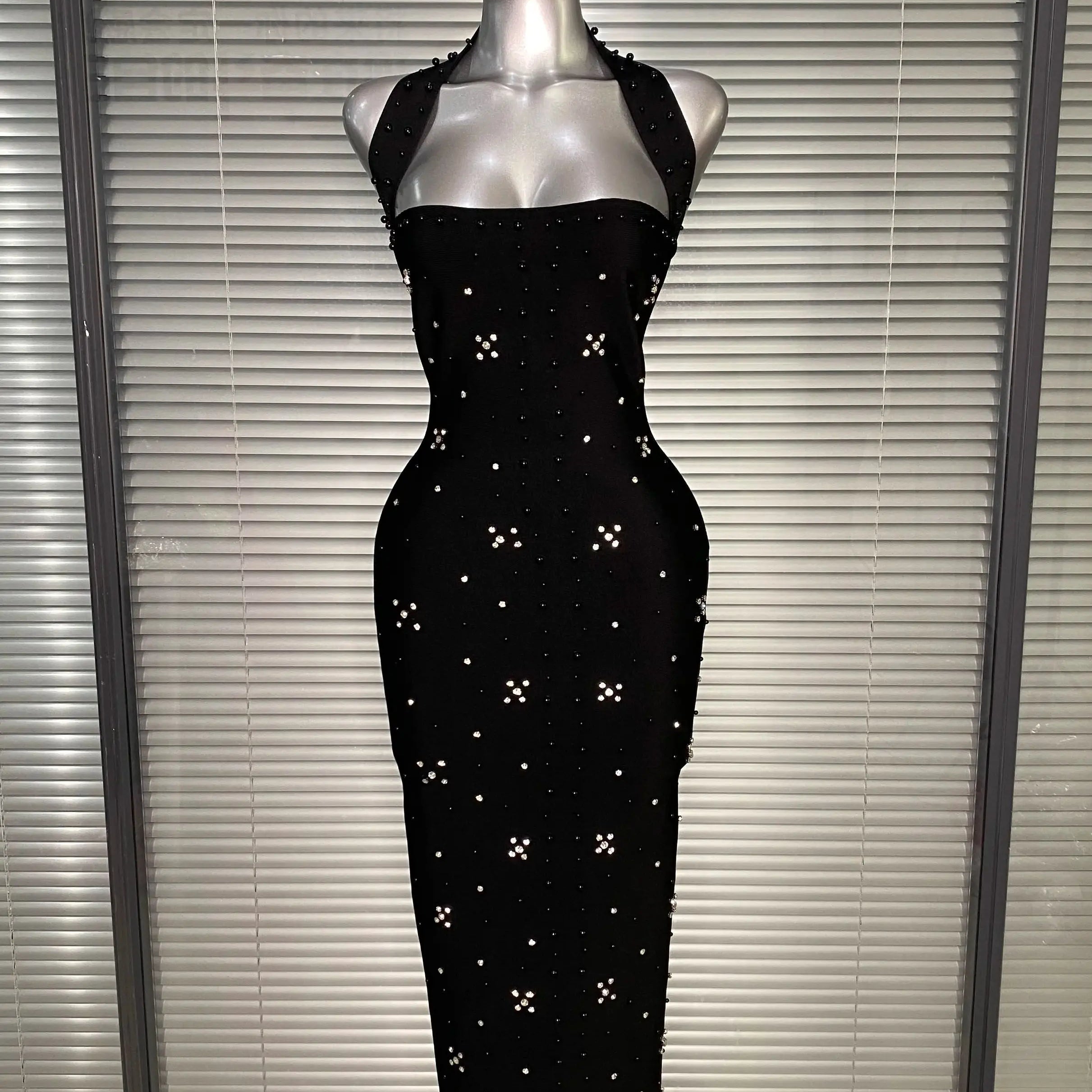 Summer New 2025 Women Black Halter Long Bodycon Bandage Dress Crystal Beaded Backless Evening Party Dress Vestido