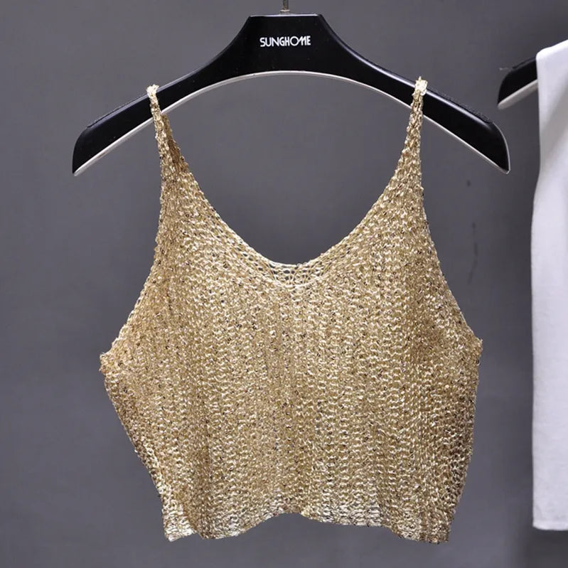 Sparkling Sequins Half Waist Render Knitwear Hollow-out Is Sexy Waist Condole Top Cropped Sexy Streetwear Woman Tops Summer Apricot gold One Size