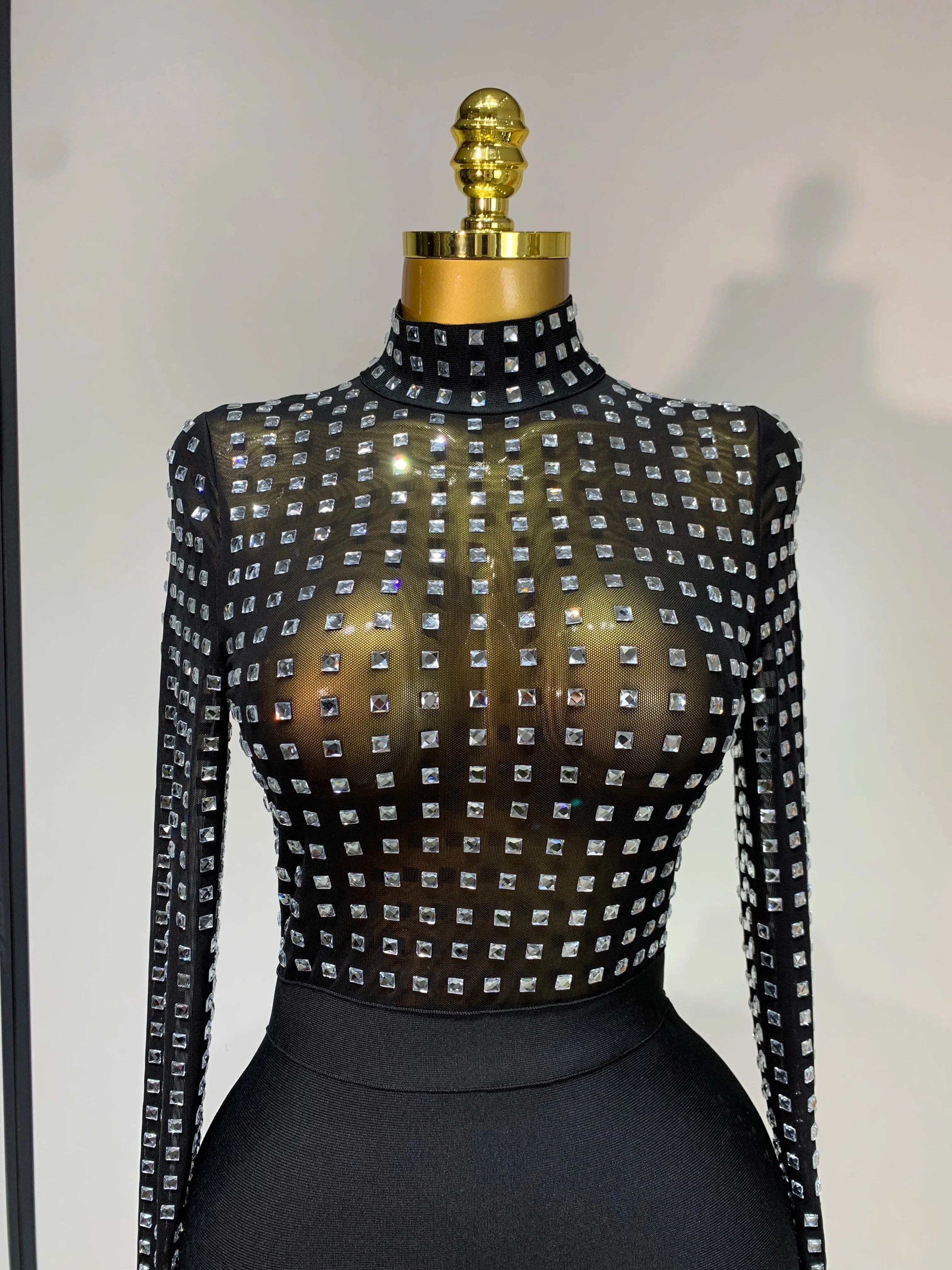 Celebrity Sexy Turtleneck Rhinestones Black Mesh Bodycon Bandage Dress Women Elegant Evening Club Luxury Birthday Dress