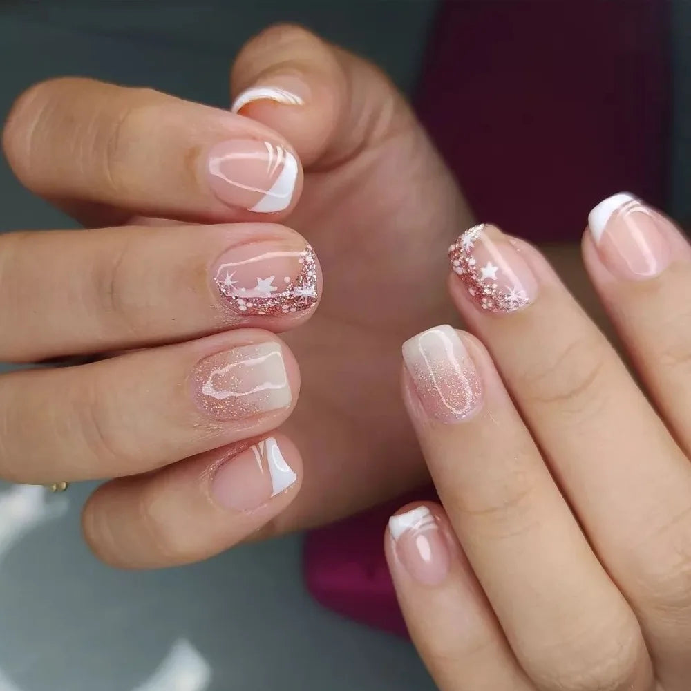 24 peças unhas postiças quadradas curtas médias brilhantes arte de unha branca usável unha postiça prateada francesa cobertura total pressione pontas de unhas