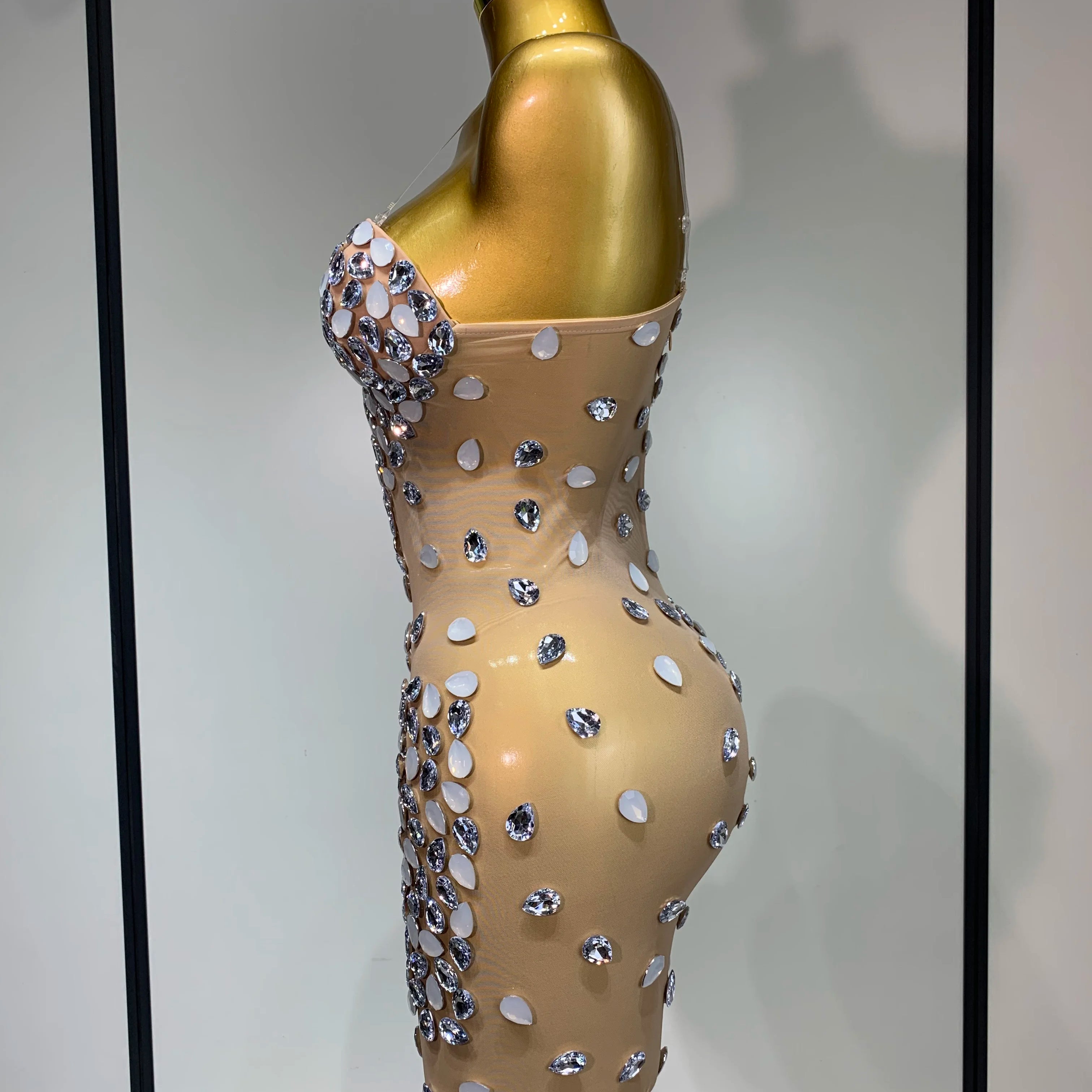 Sexy Sparkly Rhinestone Backless Mini Dress Women Sleeveless Mesh See Through Evening Party Luxury Birthday Gown Stage Outfit