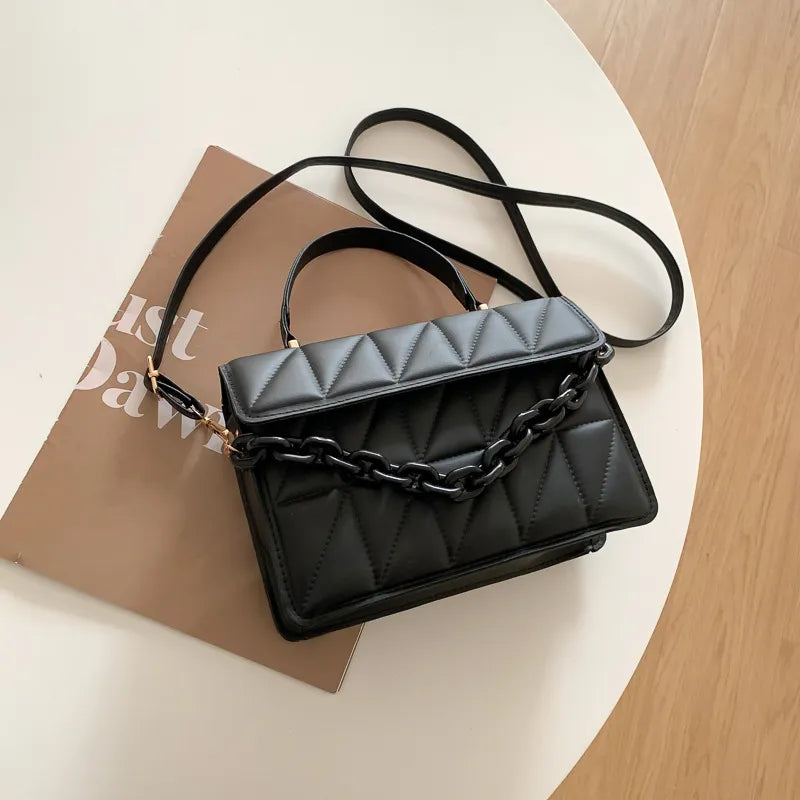 Solid Plaid Crossbody Bags For Women, Chain Decor Fashion Shoulder Bag Ladies Handbag black 21x15x7cm