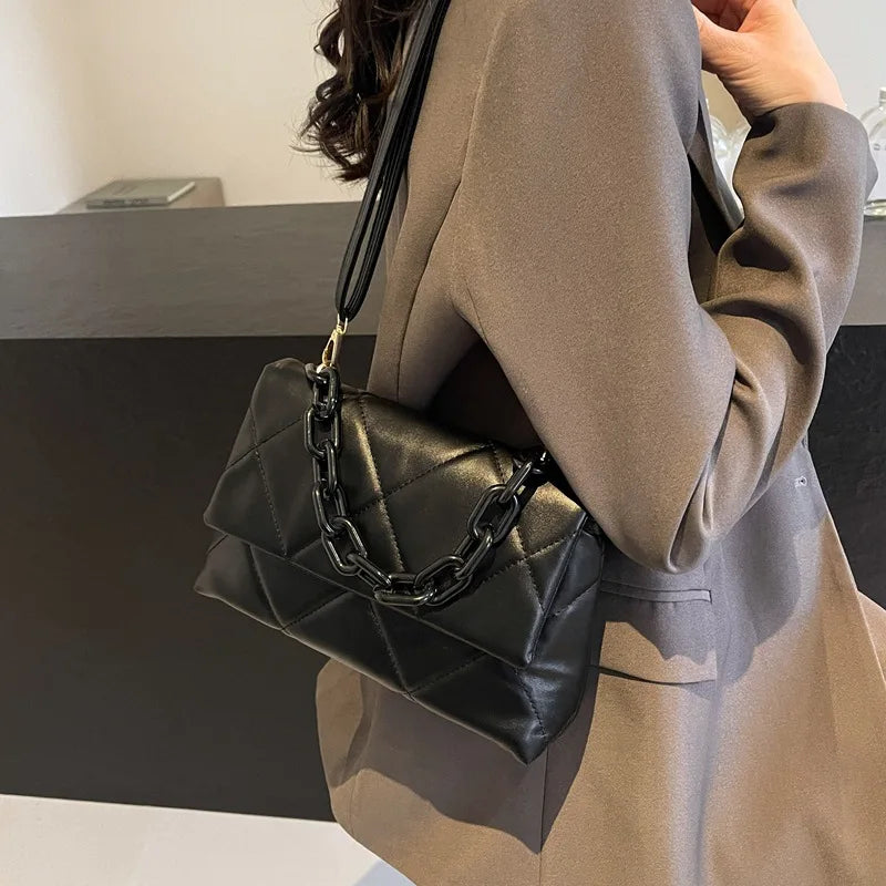 Soft PU Leather Crossbody Bags for Women Embroidery Thread Flap Bag Luxury Brand Trending Chain Shoulder Handbags Purse