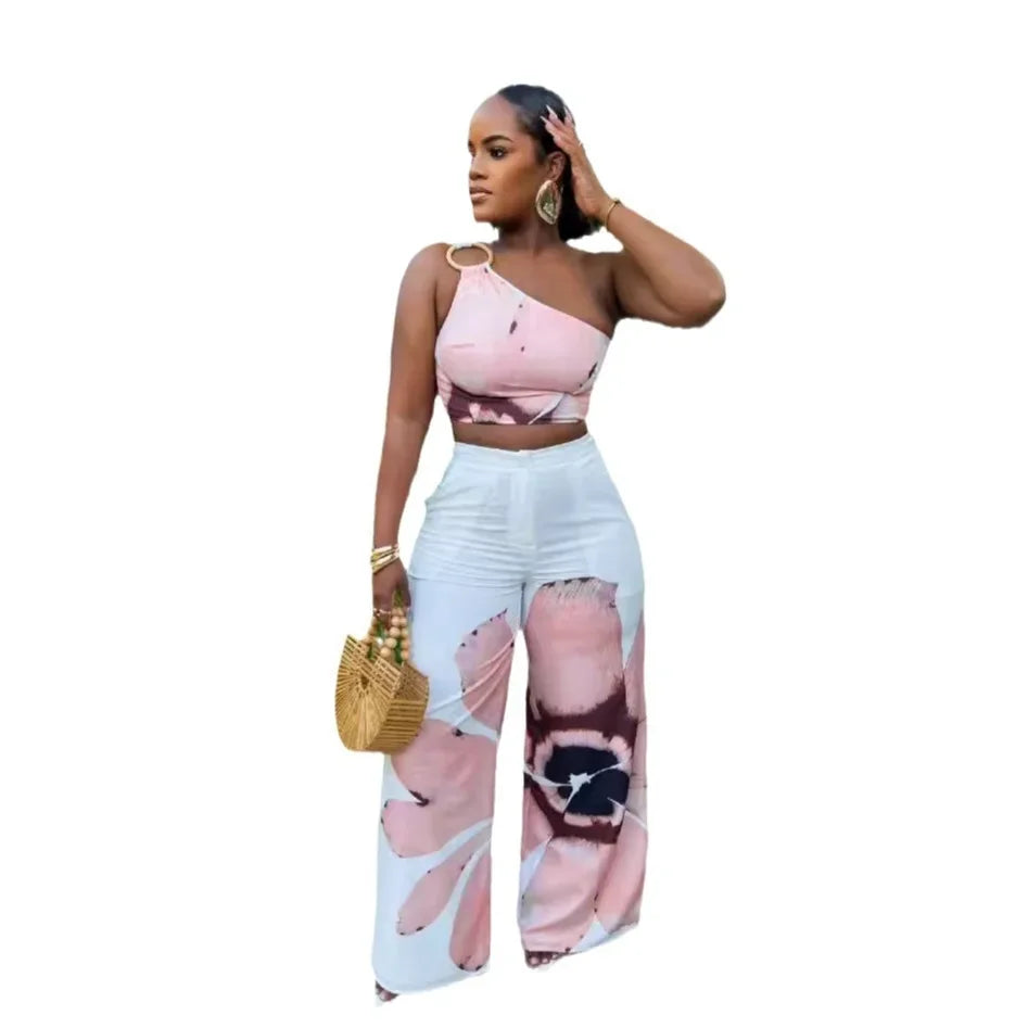 CM.YAYA Women Set Floral Print Sleeveless Skew Collar Tops +Wide Leg Pants Two 2 Piece Set Outfit 2024 Summer Street Tracksuit
