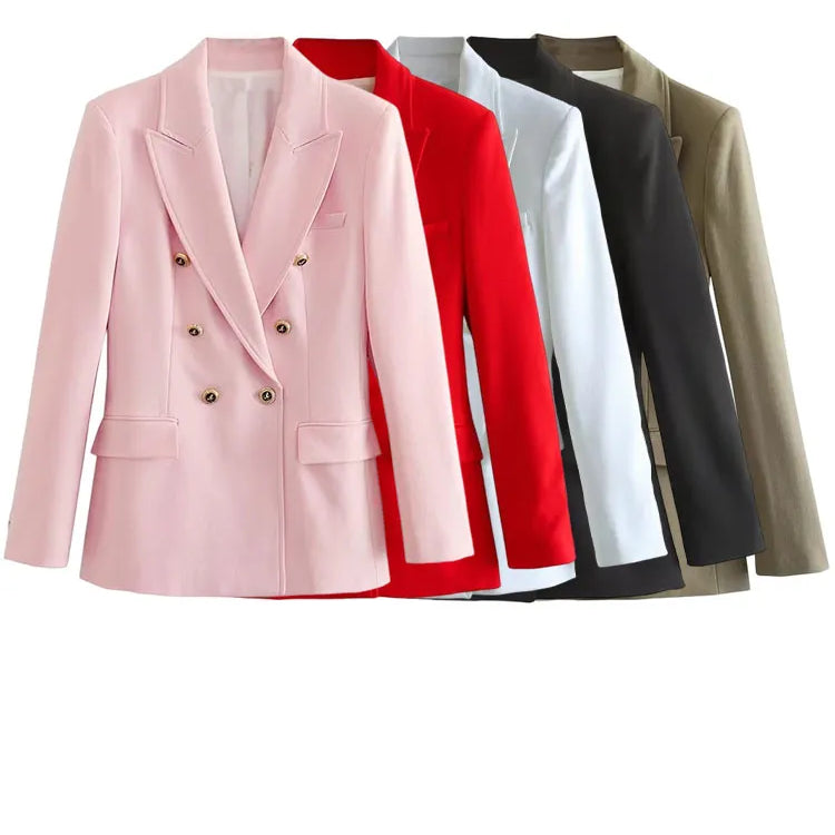 Women's Fashion Long Sleeve Lapel False Pocket Trim Blazer Women's Elegant Double Breasted Solid Color Suit Autumn