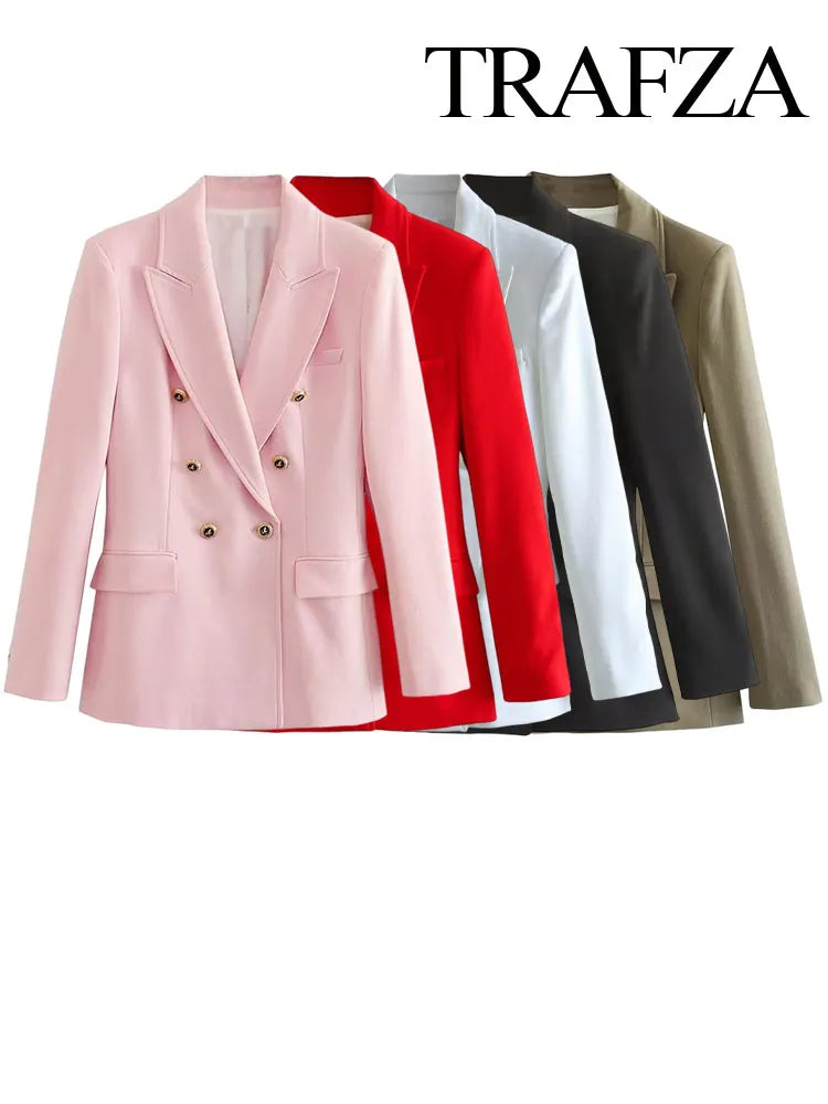 Women's Fashion Long Sleeve Lapel False Pocket Trim Blazer Women's Elegant Double Breasted Solid Color Suit Autumn