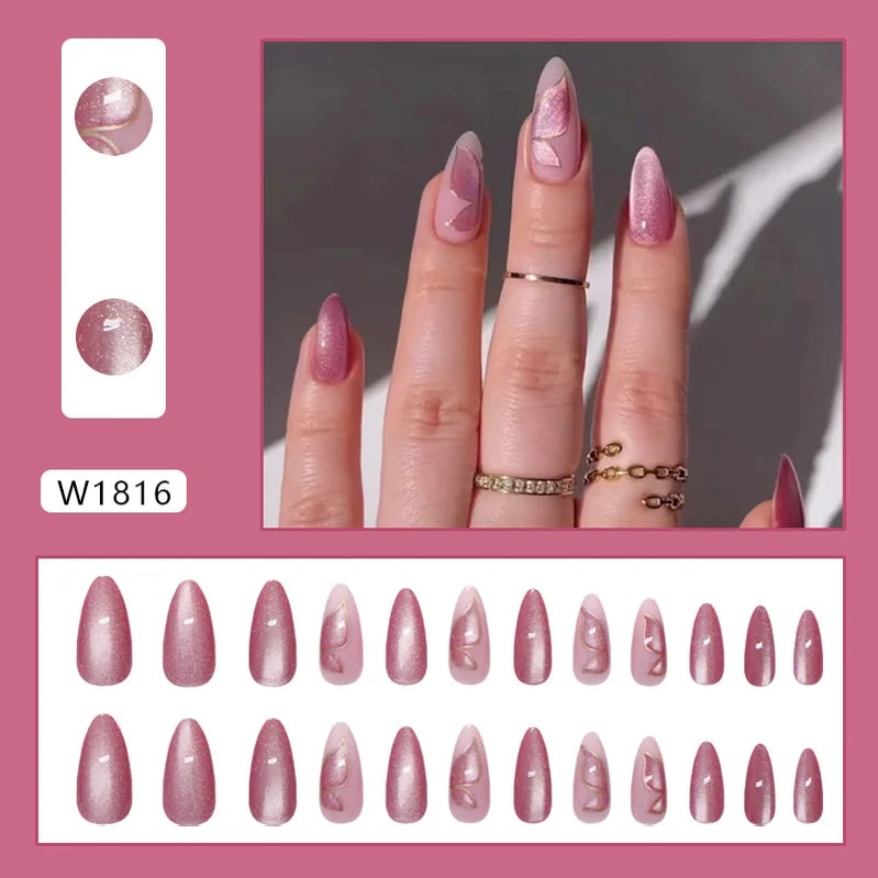 24pcs Shiny Green Cat Eye False Nails Cute Seal Print Fake Nails Tips Wearable Reusable Glossy Short Round Press on Nails