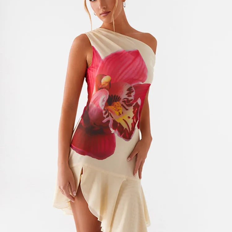 Skew Collar Ruffled Print Sexy Mini Dress For Women Off-shoulder Sleeveless Backless High Waist Printed Dress Vestido