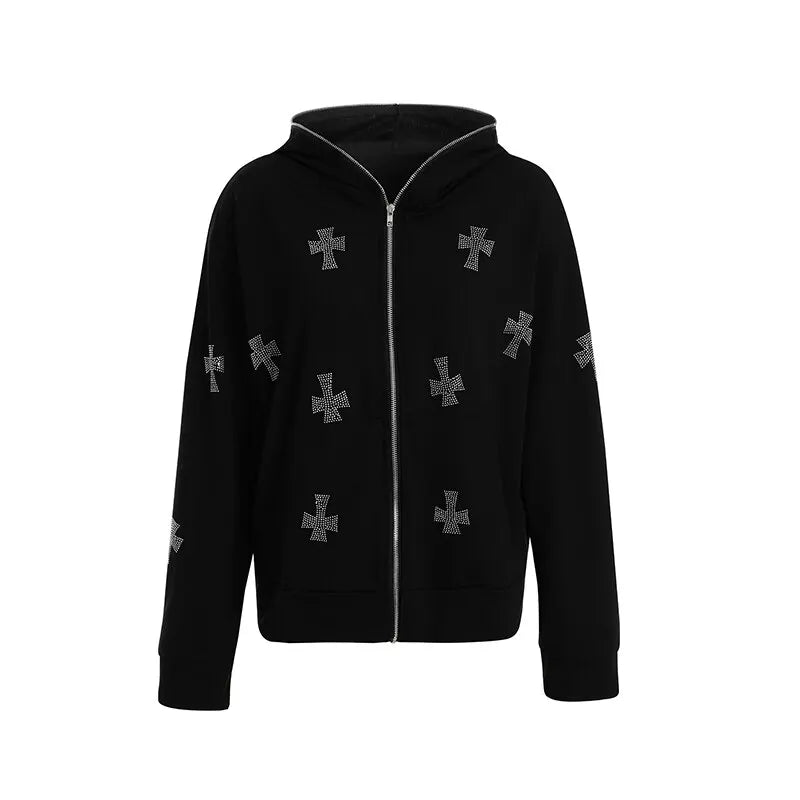 Women Full Zip Hoodies Long Sleeve Rhinestone Cross Pattern Loose Sweatshirts black