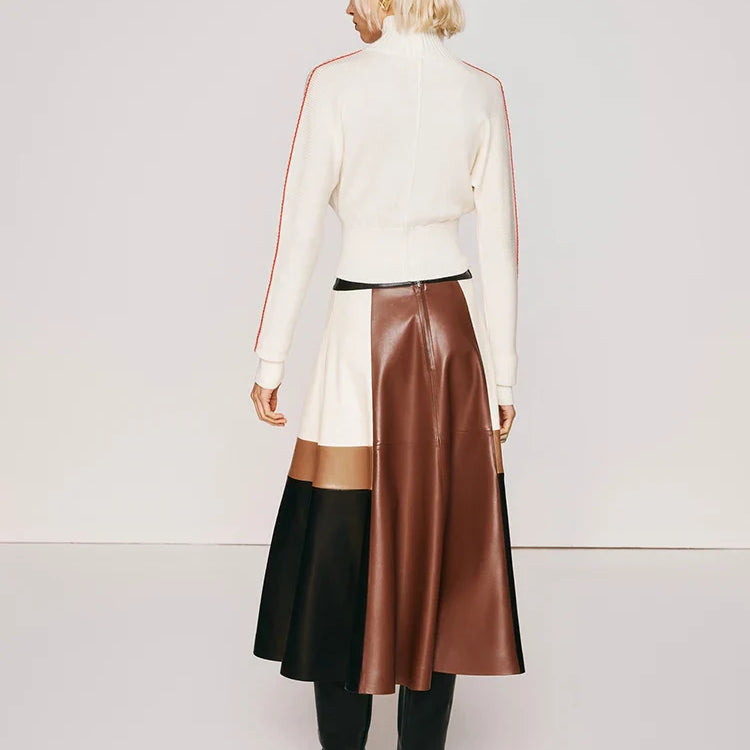 Spring Autumn Long Color Block Patchwork Soft Pu Leather Mini Skirt Women High Waist 2024 Luxury A Line Clothes Fashion