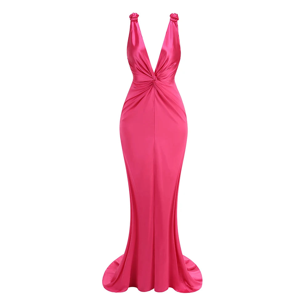 Rosered Color Women Sleeveless Deep V-Neck Satin Long Maxi Dress Celebrate Fashion Evening Party Prom Cocktail Dress Wholesale