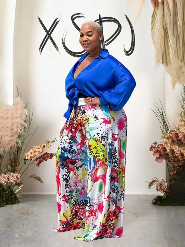 2piece Woman Outfit Streetwear Blue Silk Blouses Women Plus Size Autumn Top and Pants Suits 4xl Casual Female Pants Sets