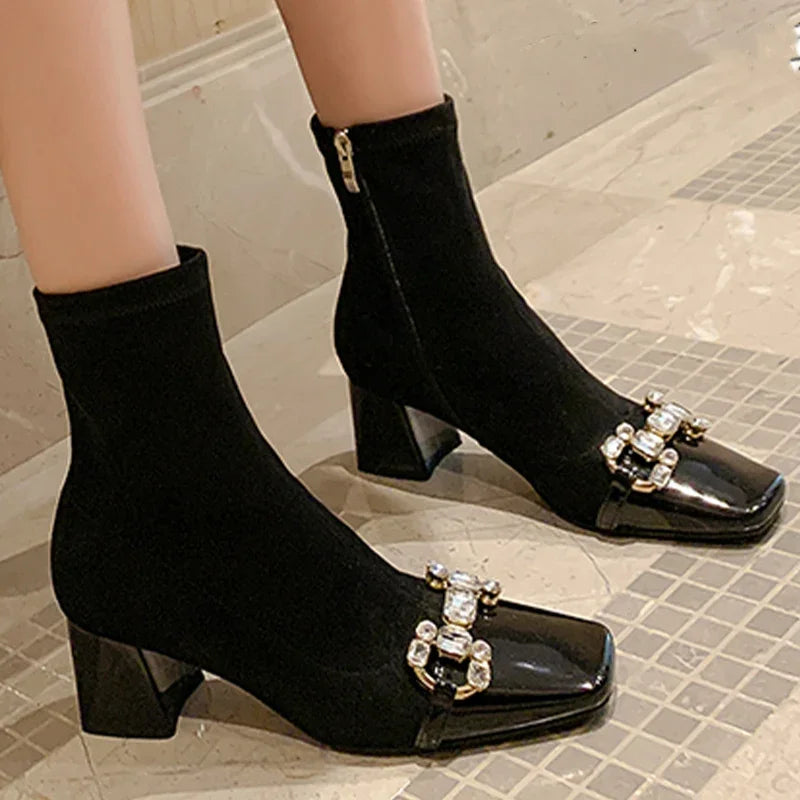 Women Suede Crystal Ankle Chelsea Boots High Heels Shoes Chunky Motorcycle Boots Square Toe Goth Snow Botas Pumps