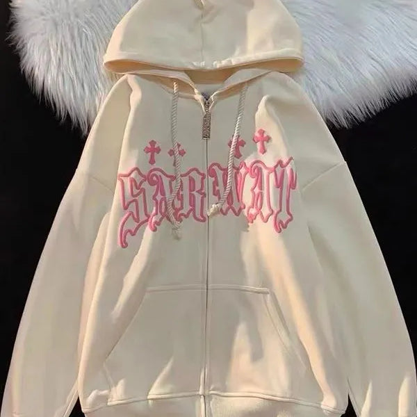 Goth Embroidery Hoodies Women High Street Harajuku Retro Hip Hop Zip Up Hoodie Loose Man Sweatshirt Hoodie Clothes Y2K Hoodie Beige