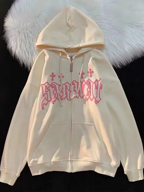 Goth Embroidery Hoodies Women High Street Harajuku Retro Hip Hop Zip Up Hoodie Loose Man Sweatshirt Hoodie Clothes Y2K Hoodie Beige