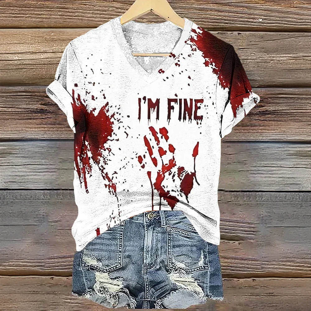 Vintage Women's T-shirt V-neck T-shirt Letter Printed Short Sleeve T-shirt Casual Loose Clothes Halloween Bloody T-shirt VAYJWH2024075R3