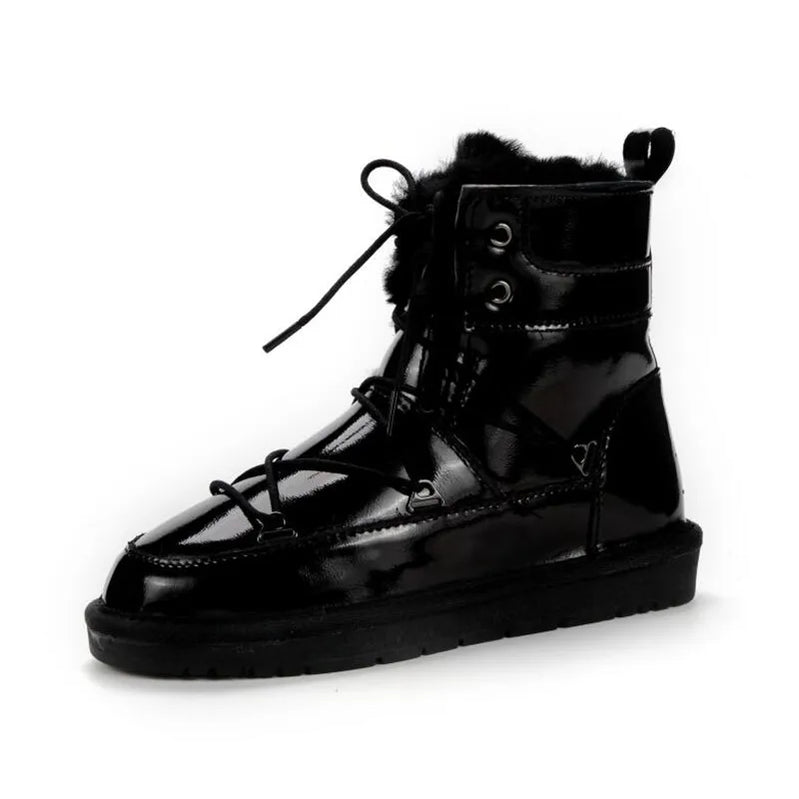 Natural Fur Inside Genuine Cowhide Leather Snow Boots Shoes Women Waterproof Boots Warm Winter Boots Women Shoes black as pic