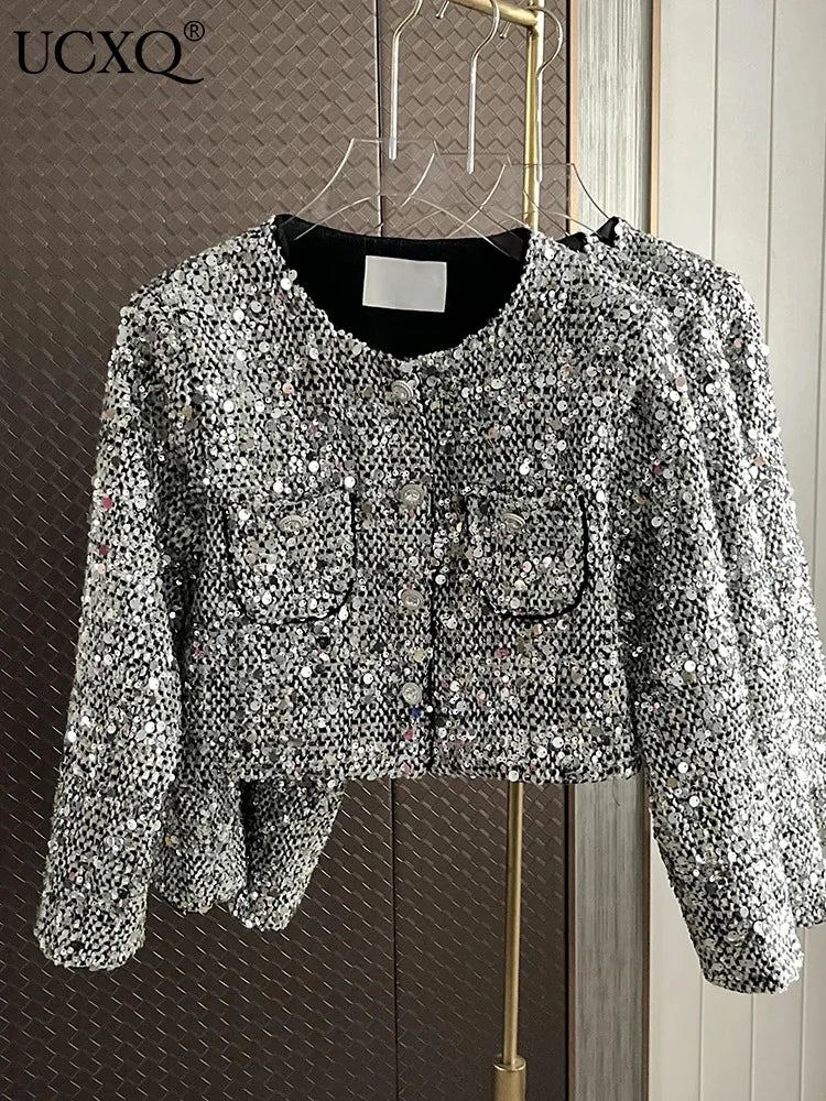 Korean Fashion Sequin Coat Women Long Sleeve Single Breasted Loose Outwears Jacket Autumn Winter New Clothes