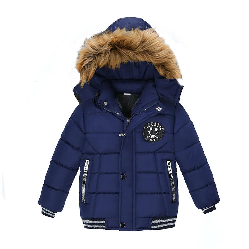 Winter Boys Jacket Warm Fur Collar Parkas Fashion Baby Girls Thicen Coats Hooded Zipper Casual All-match Outerwear Kids Clothes blue