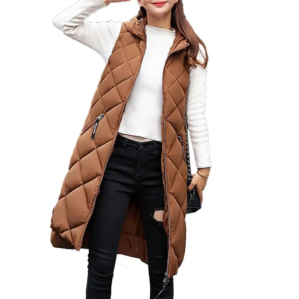 Vest Hooded Women Vest Jacket Long Diamond Grid Shaped Jacket Zipper Sleeveless Cardigan Trendy Style Autumn Winter Streetwear Brown