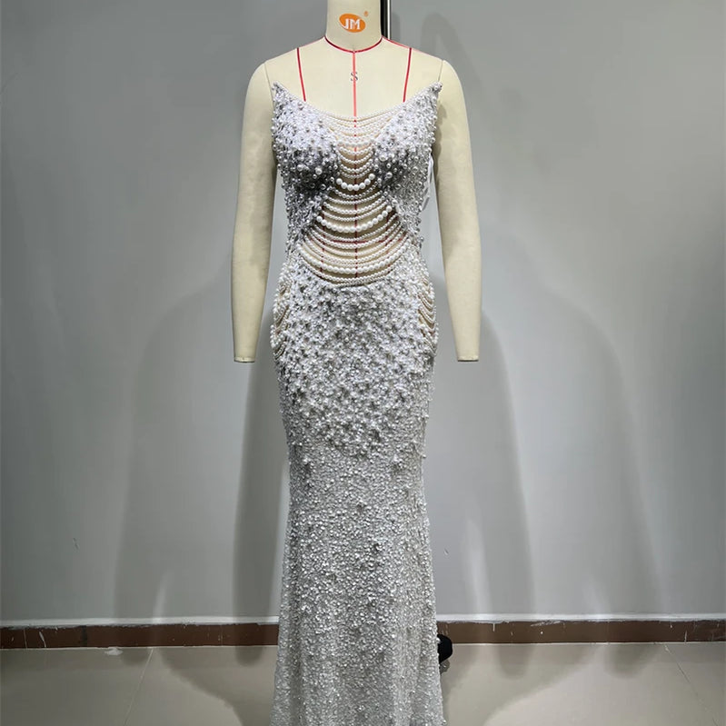Luxury Pearl String Sexy See Through White Sequins Long Dress Elegant Woman Wedding Party Dress Red Carpet Goddess Vestido
