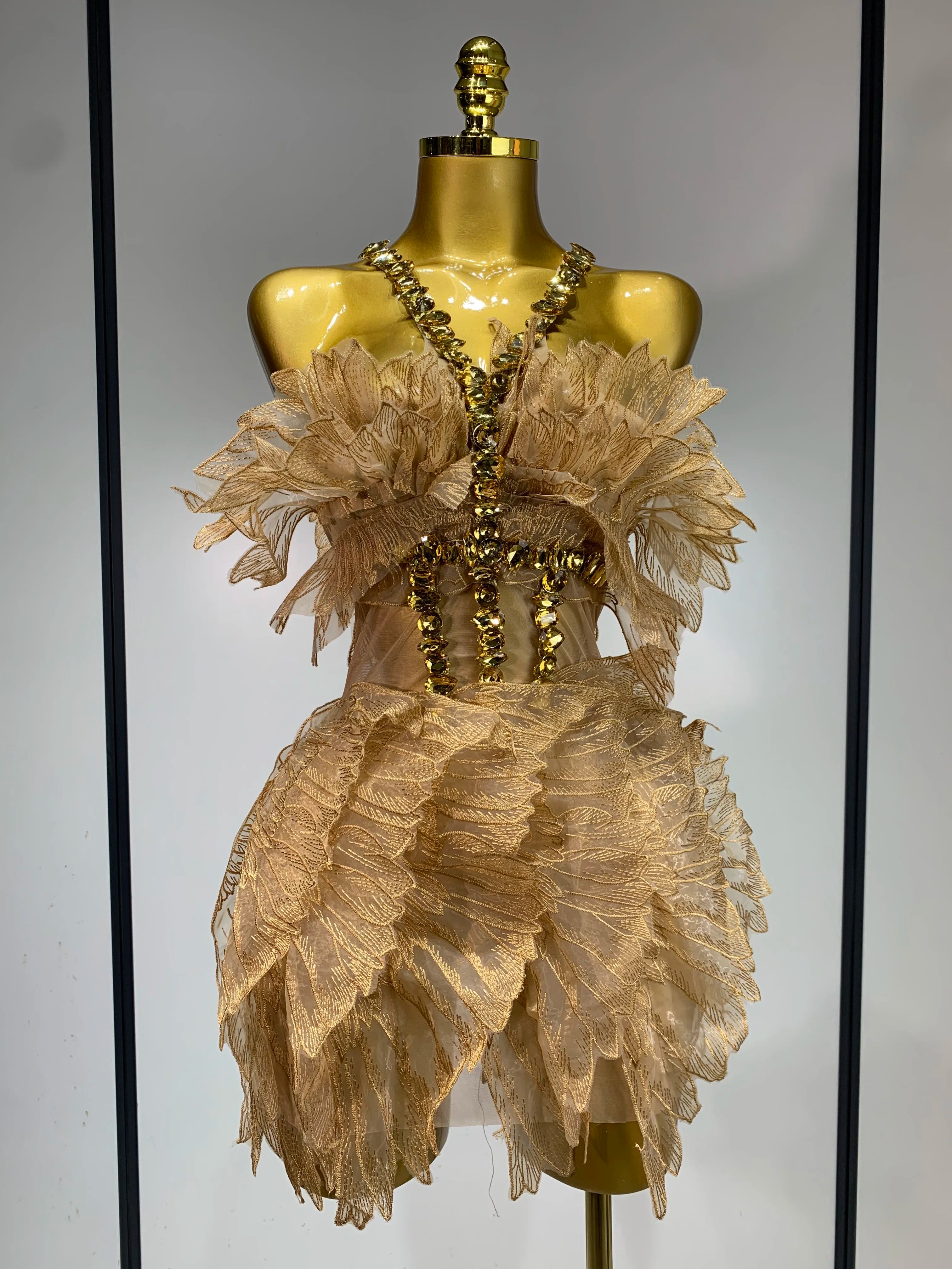 Luxury Birthday Dress Women Sexy White Crystal Transparent Wings Mini Dress Nightclub Evening Party Singer Stage Perform Costume