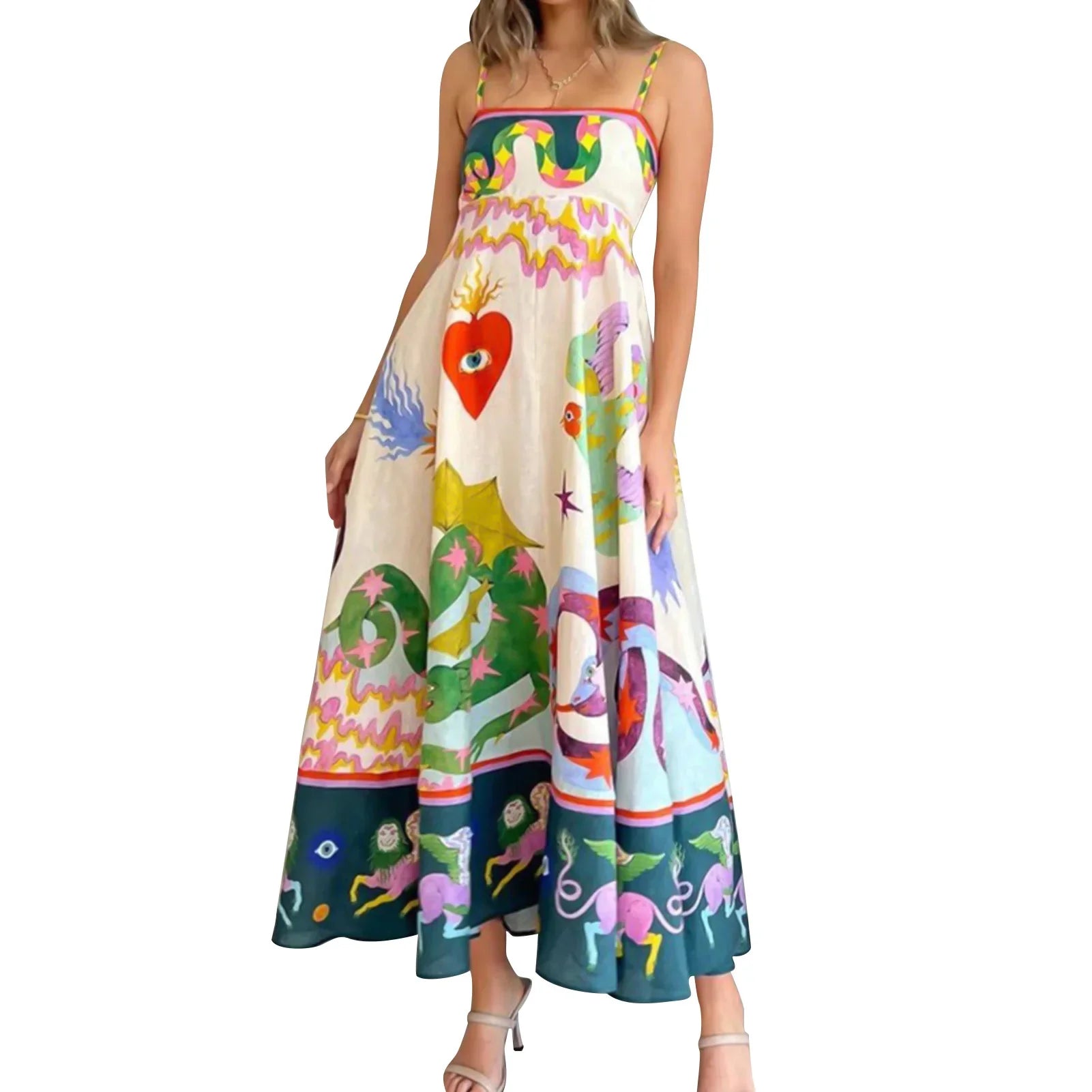Fashionable Long Suspender Dress With Colorful Printed Comfy Soft Versatile Leisure Dress Birthday Gift As Shown CHINA