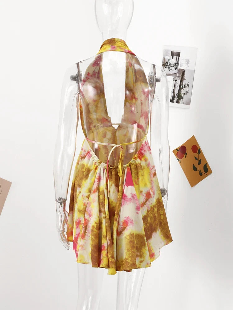 Floral Printed Beach Dress Women Mini Sexy Deep V-neck Backless Halter Female Dresses Summer Vacation Sleeveless Short Robe