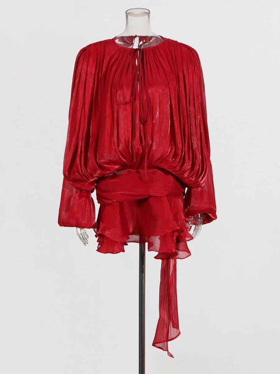 TWOTWINSTYLE Solid Loose Spliced Folds Elegant Dresses for Women Round Neck Long Sleeves Patchwork Lace Up Tunic Dress Female