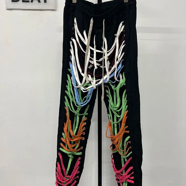 DEAT Autumn Elastic Drawstring Cross Full Length Slim Feet High Street Pants Trousers And Single Breasted jackets WN151 colored drawstring