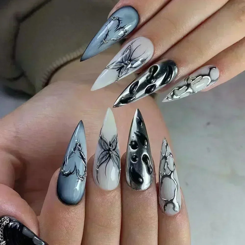 24 peças unhas postiças com cola amêndoa preto vermelho gradiente design destacável strass acrílico unha postiça longa stiletto unhas de pressão