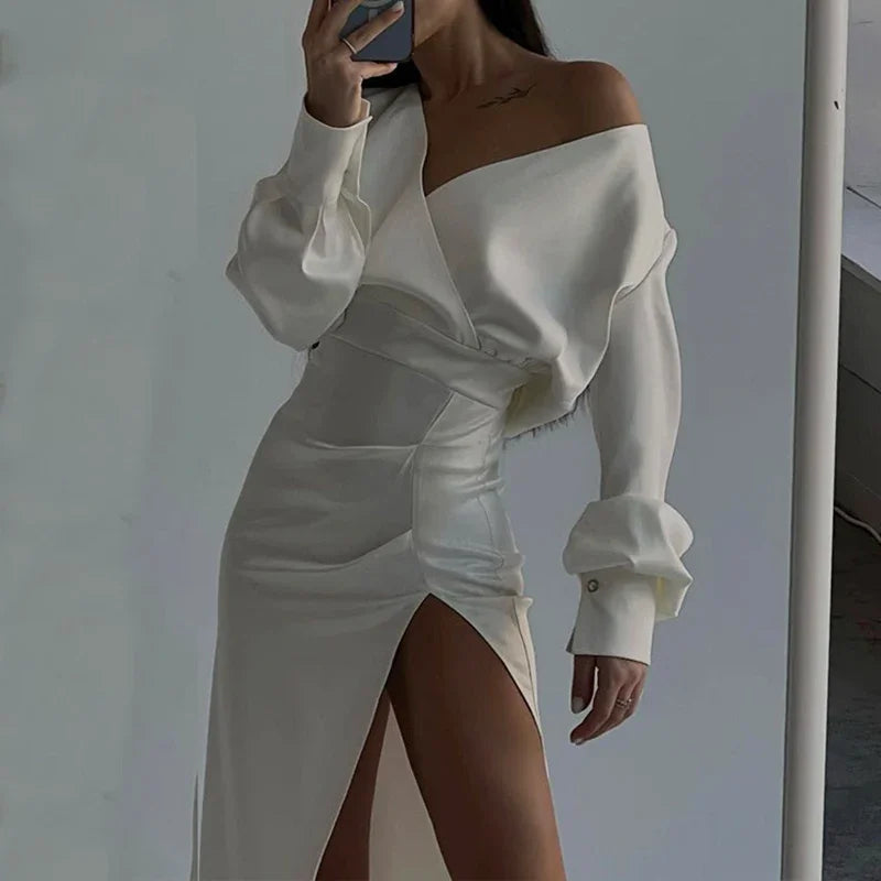 Sexy Women Long Sleeve V-neck Evening Dresses Ladies Elegant Slim Fit High Split Pleated Dress Party Club Outfits Prom Dress white