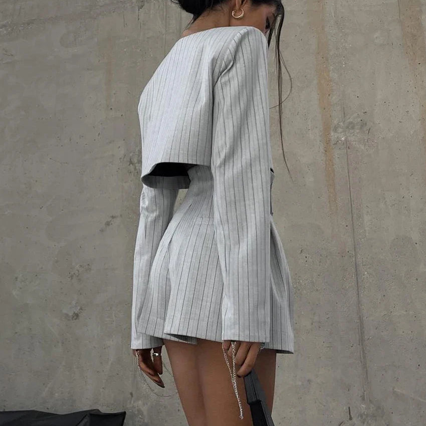 Clacive Fashion Stripe Print 2 Piece Sets Women Elegant Slim Long Sleeve Irregular Top With High Waist Shorts Set Streetwear