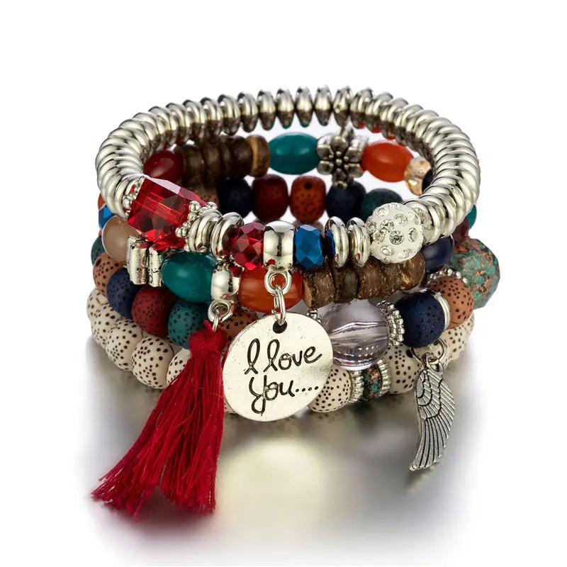 4Pcs Bohemian Women Pink Tassel Bracelet Set For Female I Love You Feather Round Charm Beads Chain Bangle Fashion Party Jewelry BR139-1