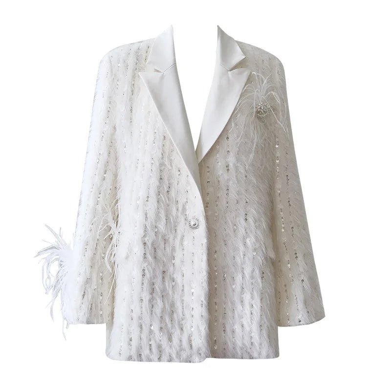 Fashion Women Dress Heavy Industry Feather Sequins White Women's Suit Coat Winter Evening Party Dresses Female Stage Costumes white coat CHINA