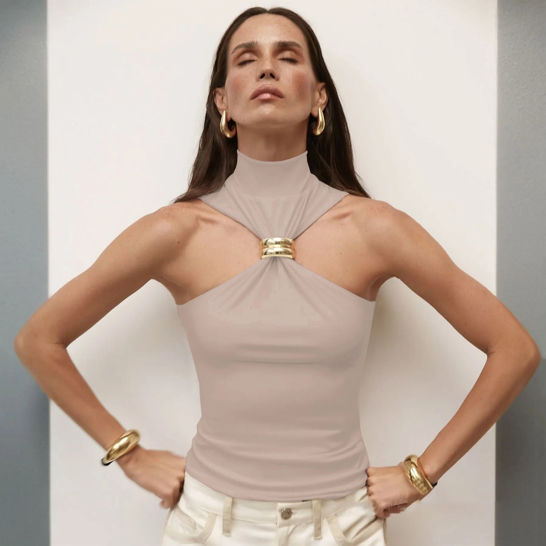 Regatas femininas de malha básica com gola alta, pulôveres, camisola com argola de metal, sem mangas, justas, de malha, top curto Y2K