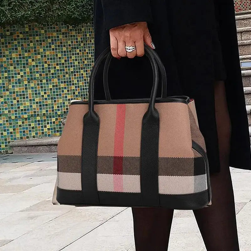 Black Female Bag Designer Luxury Handbags Plaid Printed Women Hand Bag Wide Strap Canvas Pu Leather Shoulder Bag Lady Purse