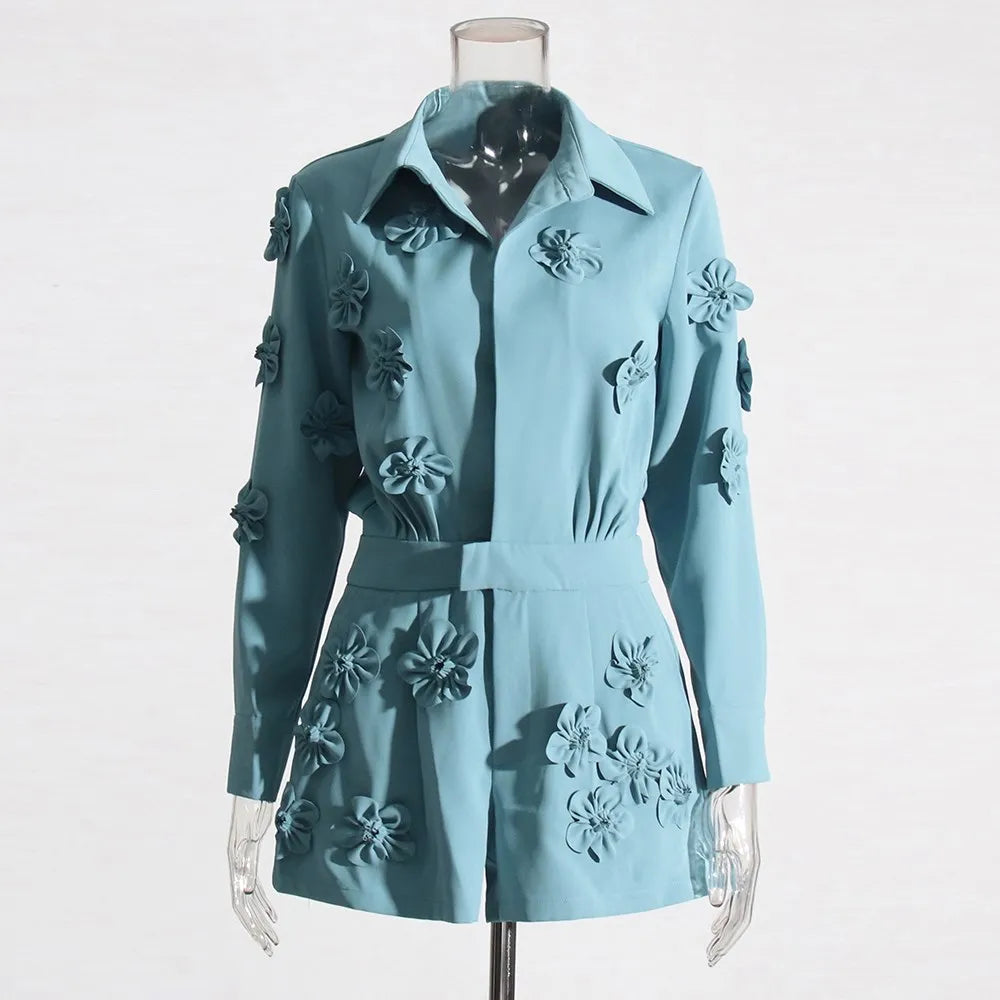 VGH patchwork appliques solid slimming jumsuit for women lapel long sleeve high waist temperament jumpsuits female fashion new Blue