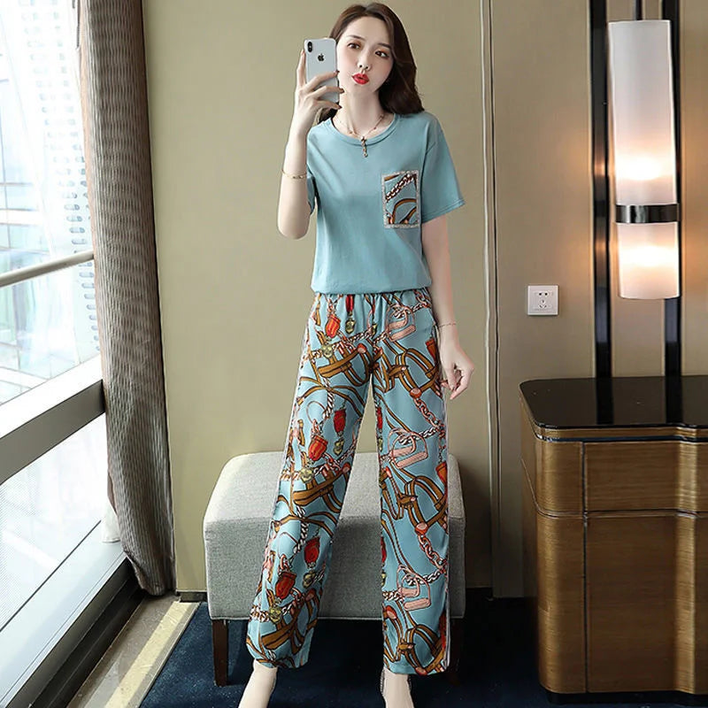 Women Casual Plus Size Clothing Suit 2025 Summer New Fashion Large Korean Short Sleeve Top Wide Leg Pants 2 Two Piece Set Female