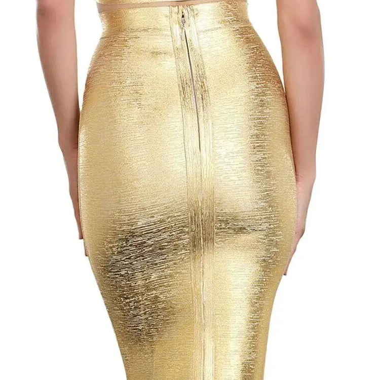 Saia feminina de verão, sexy, preta, prateada, dourada, bronzeada, bandagem, designer de rua, justa, festa, midi, saia lápis, 60 cm