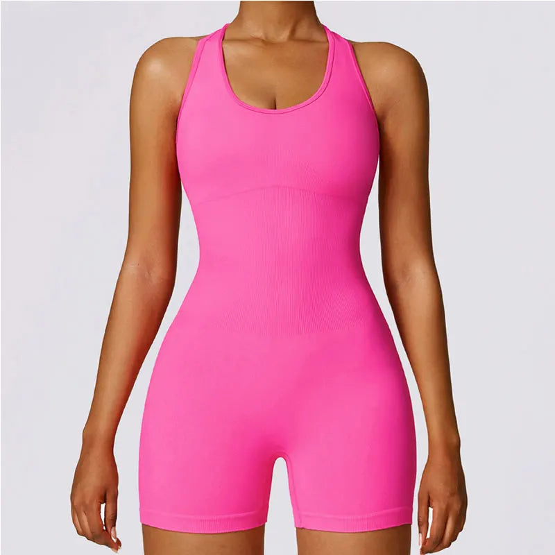 New Yoga Set Seamless Women's Jumpsuits One-Piece Gym Push Up Workout Clothes Fitness Bodysuit Sportswear Tracksuit Short Sleeve rose red2 CHINA