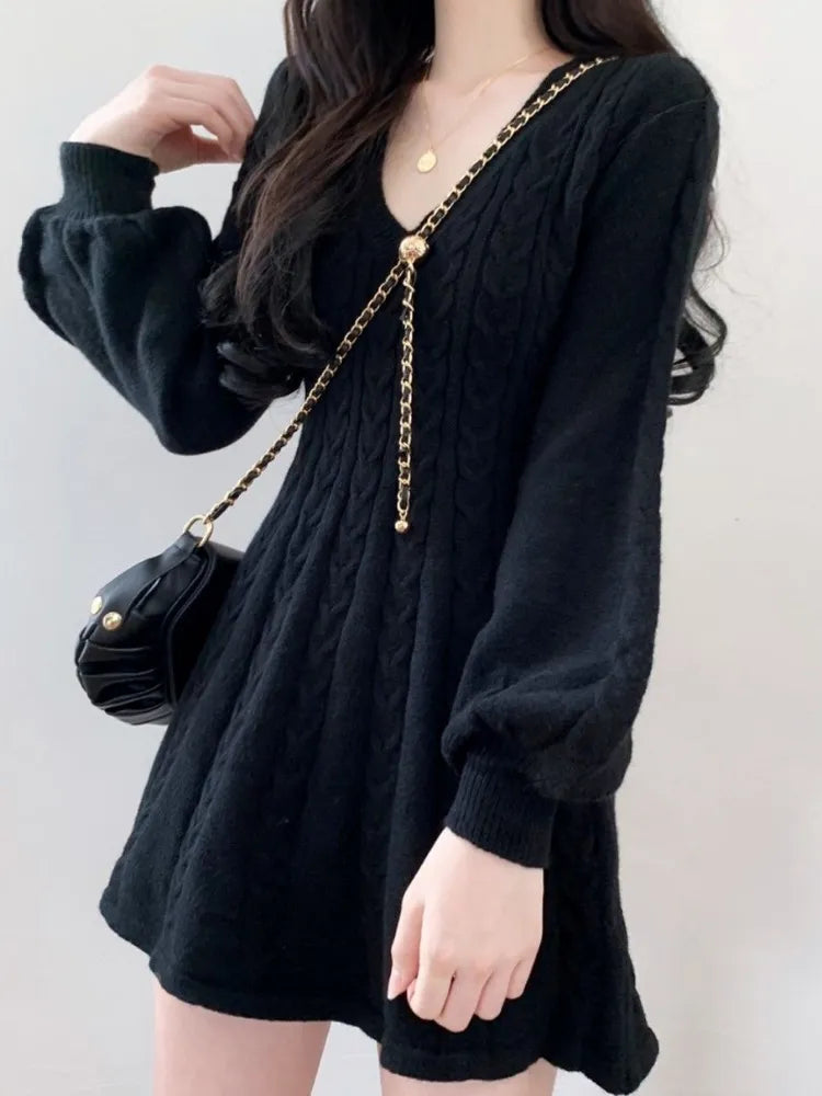 Knit Knitted Sweater Mini Dress Women Casual Lantern Sleeve Short Dresses Autumn Winter V-neck Outfits Female