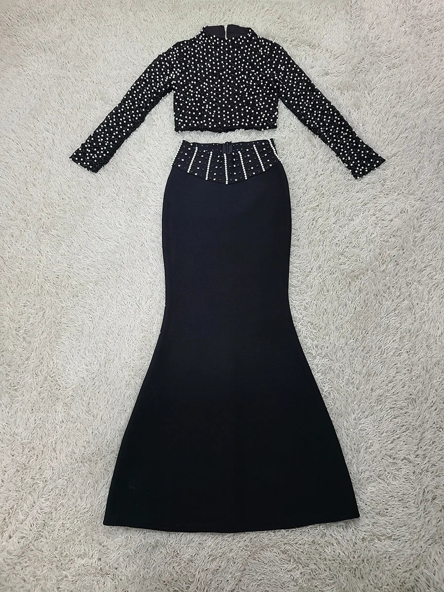 High Quality Women Long Sleeve Sexy Beading Tops 2 Pieces Bodycon Bandage Skirt Set Elegant Evening Party Celebrate Outfit