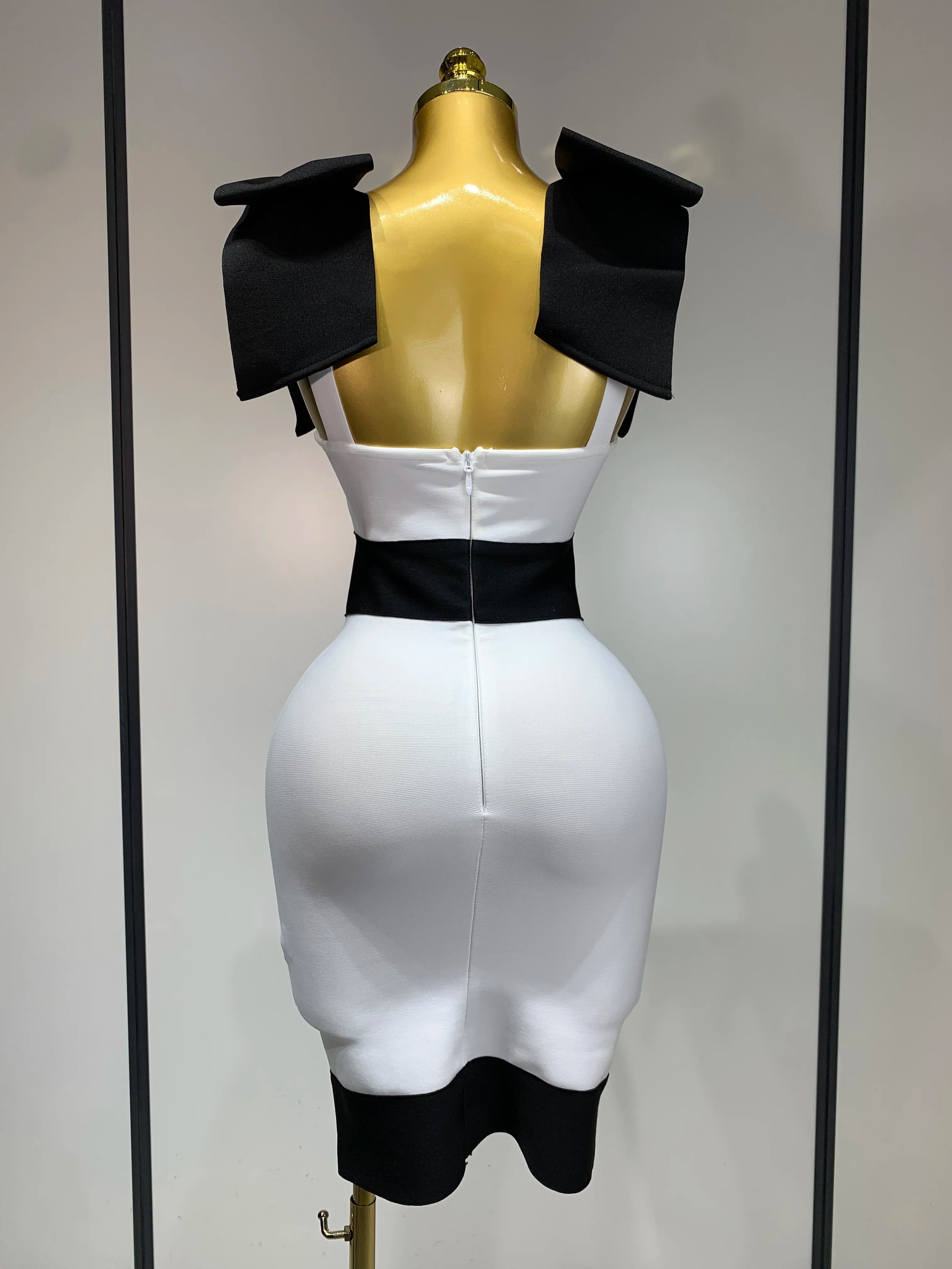Women Sexy Bow Tie Black White Patchwork Bodycon Bandage Dress 2025 Celebrity Elegant Evening Club Party Birthday Dresses