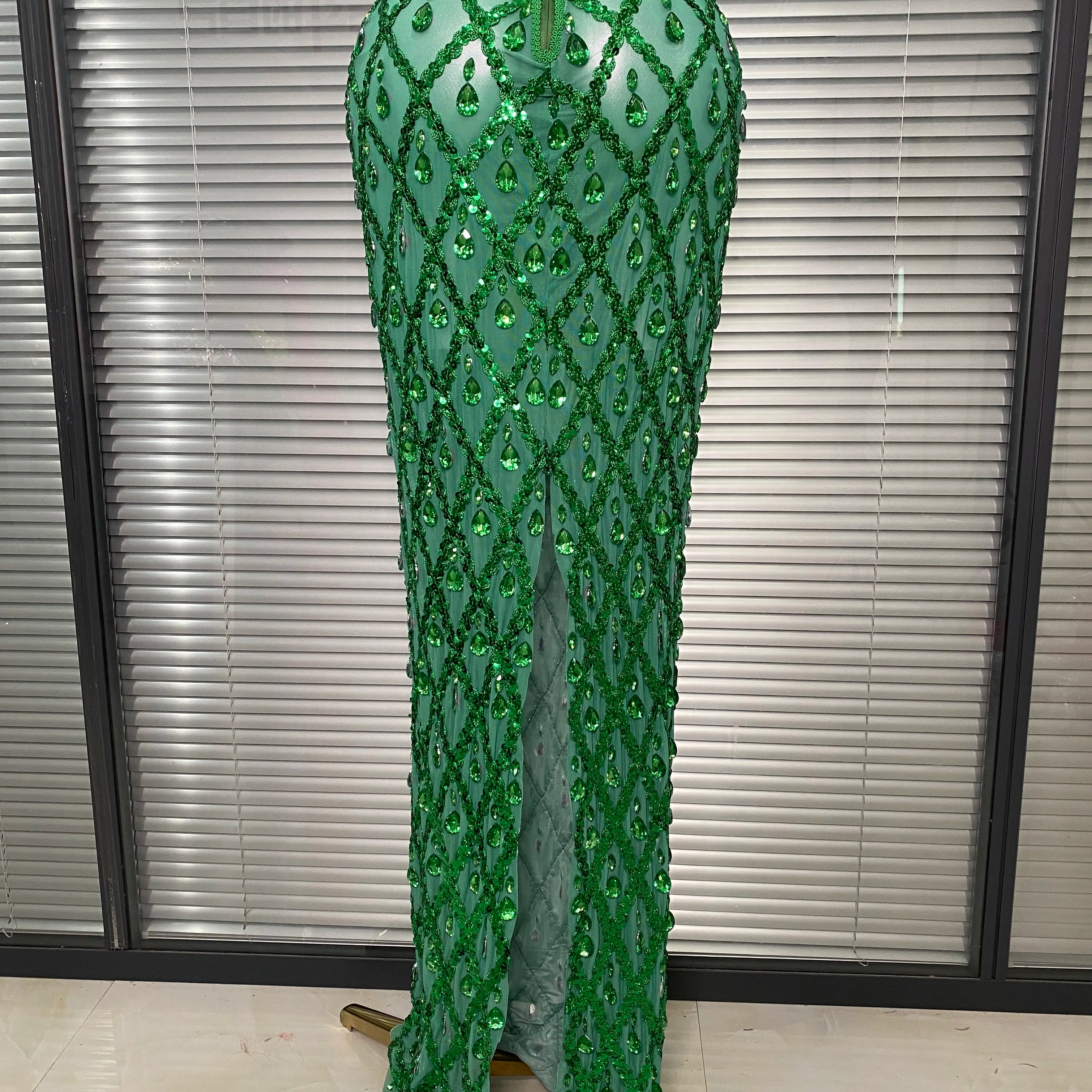 New Women Sexy Mesh Green Crystal Diamonds Maxi Dress See Through Brown Party Costume Stage Performance Dress