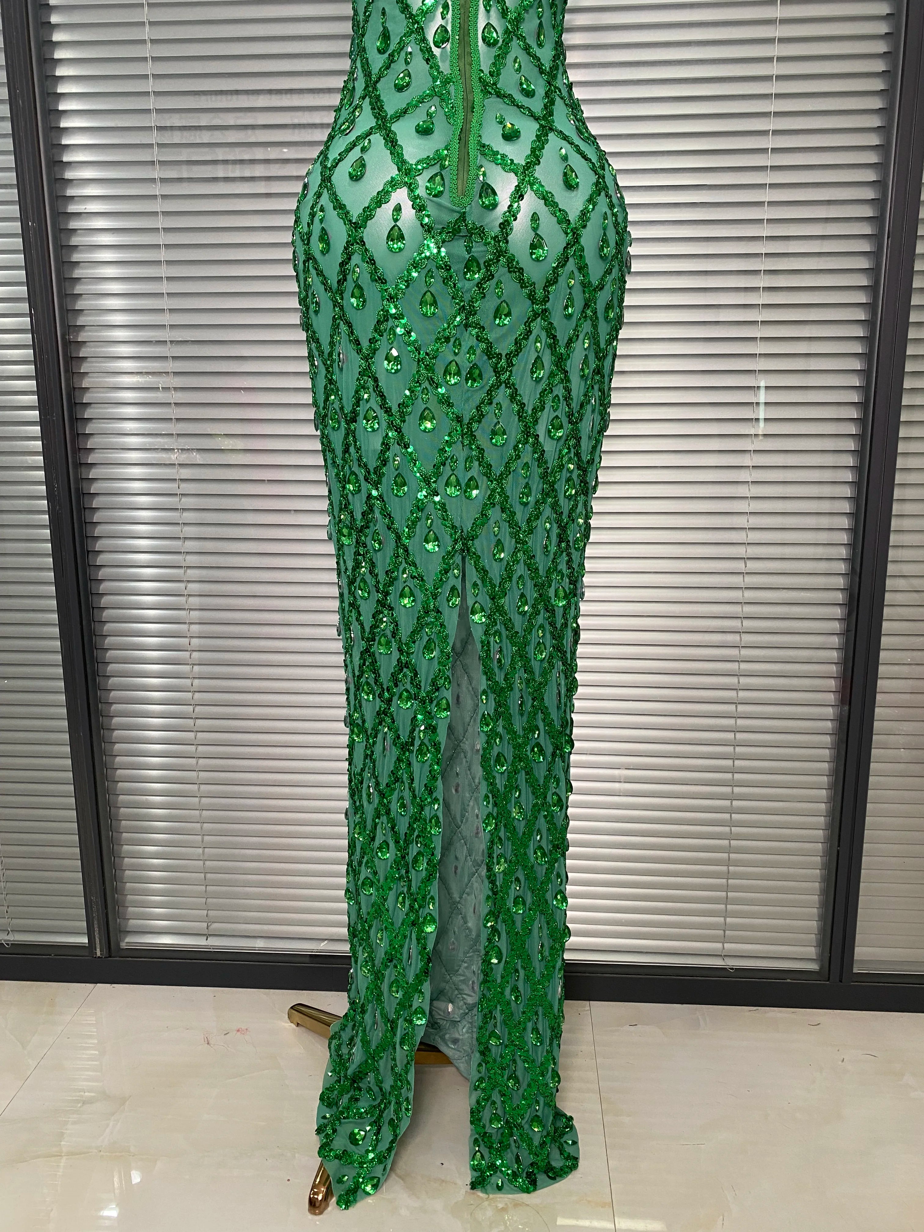 New Women Sexy Mesh Green Crystal Diamonds Maxi Dress See Through Brown Party Costume Stage Performance Dress