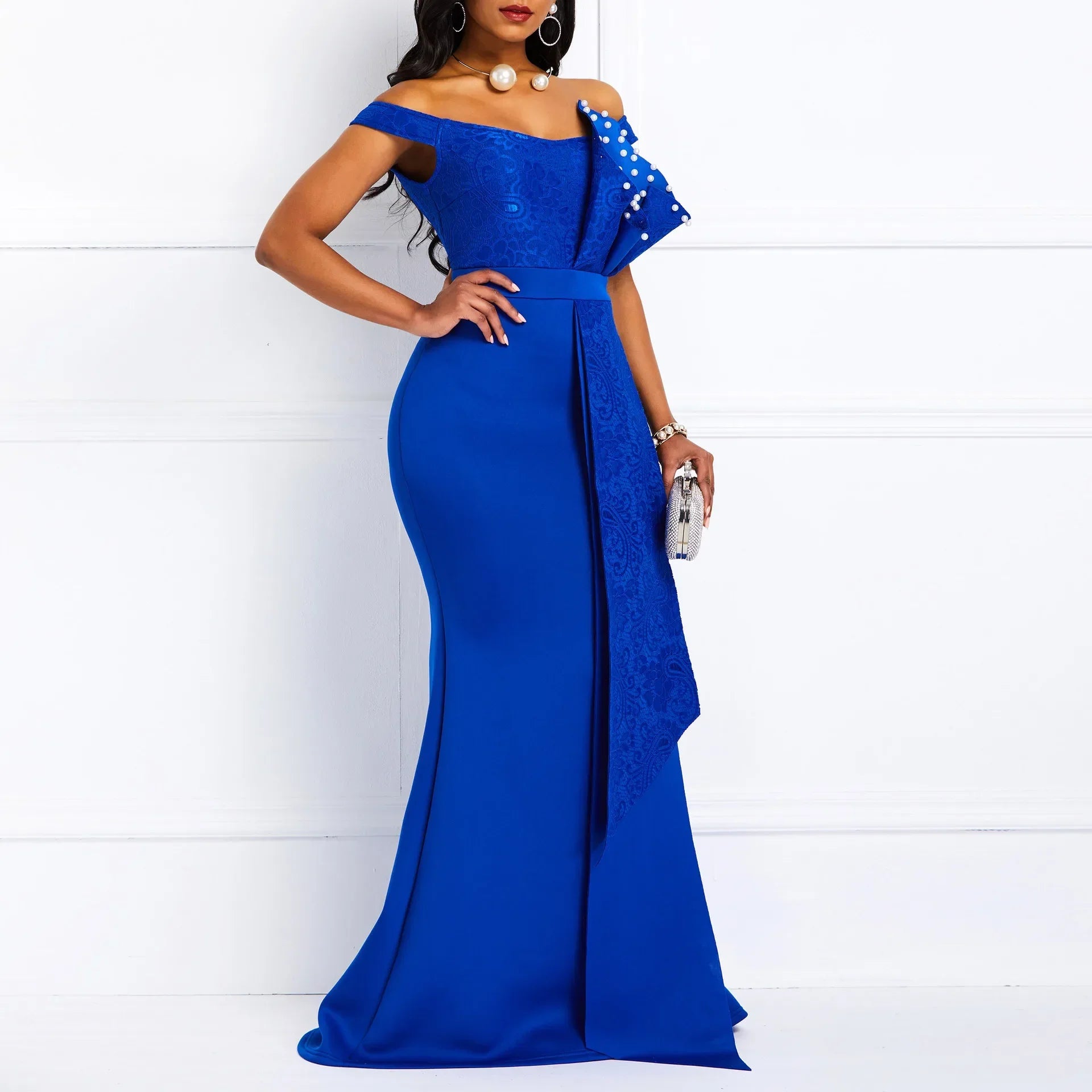 2021 Winter Women Slash Neck Short Sleeve Pearl Dress Sexy Office Lady Africa Evening Night Club Party Long Maxi Dresses GL05143 Blue